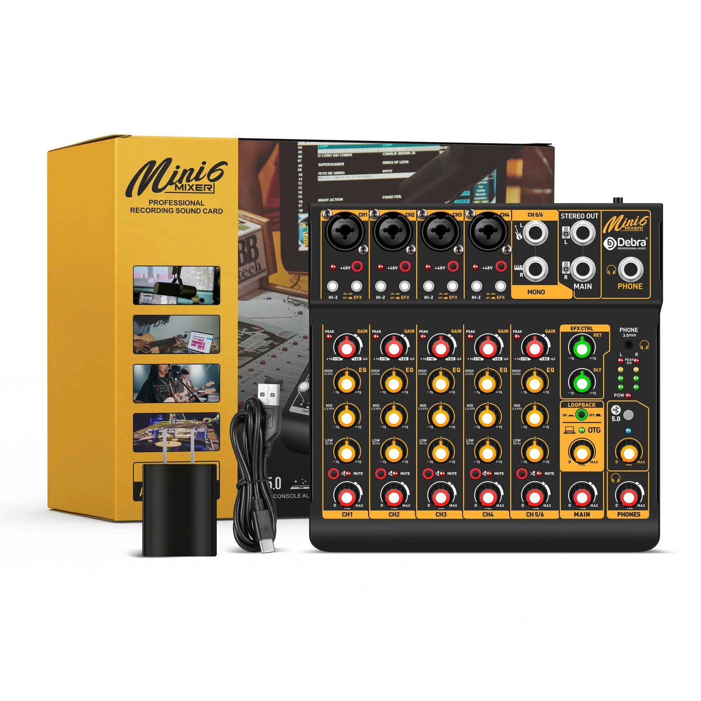 Black and yellow debra otg audio mini 6 mixer dj console with multiple knobs delay repaeat effect and led indicators