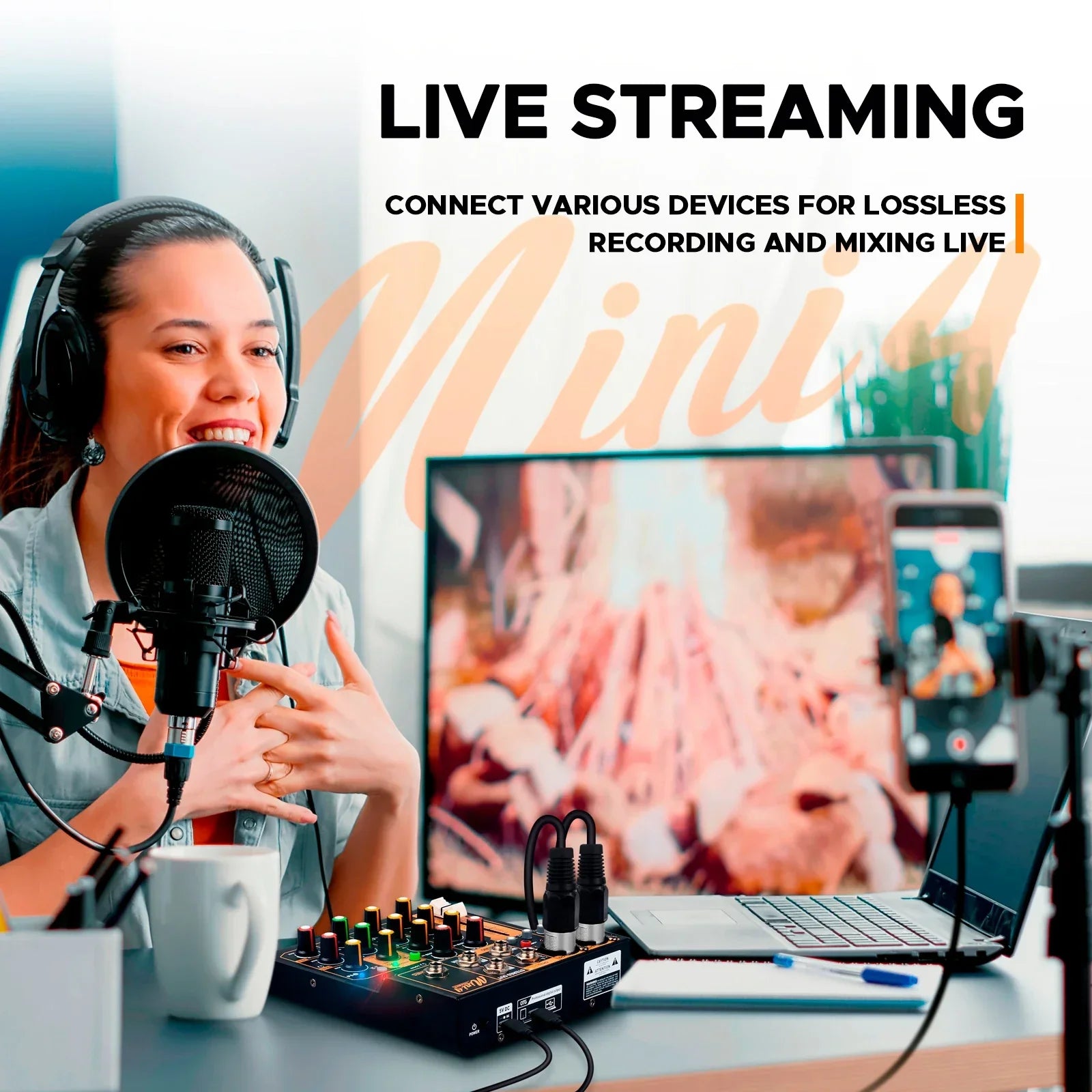 Black condenser microphone with pop filter for live streaming paired with debra otg audio mixer dj console delay repaeat effect