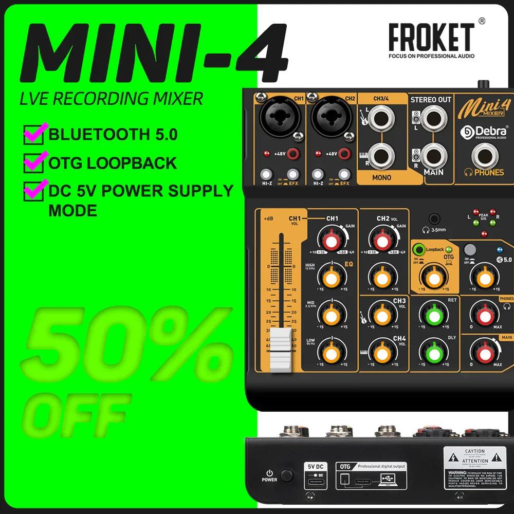 Black and orange debra otg audio mixer dj console mini4 with bluetooth 5.0 delay repaeat effect for recording