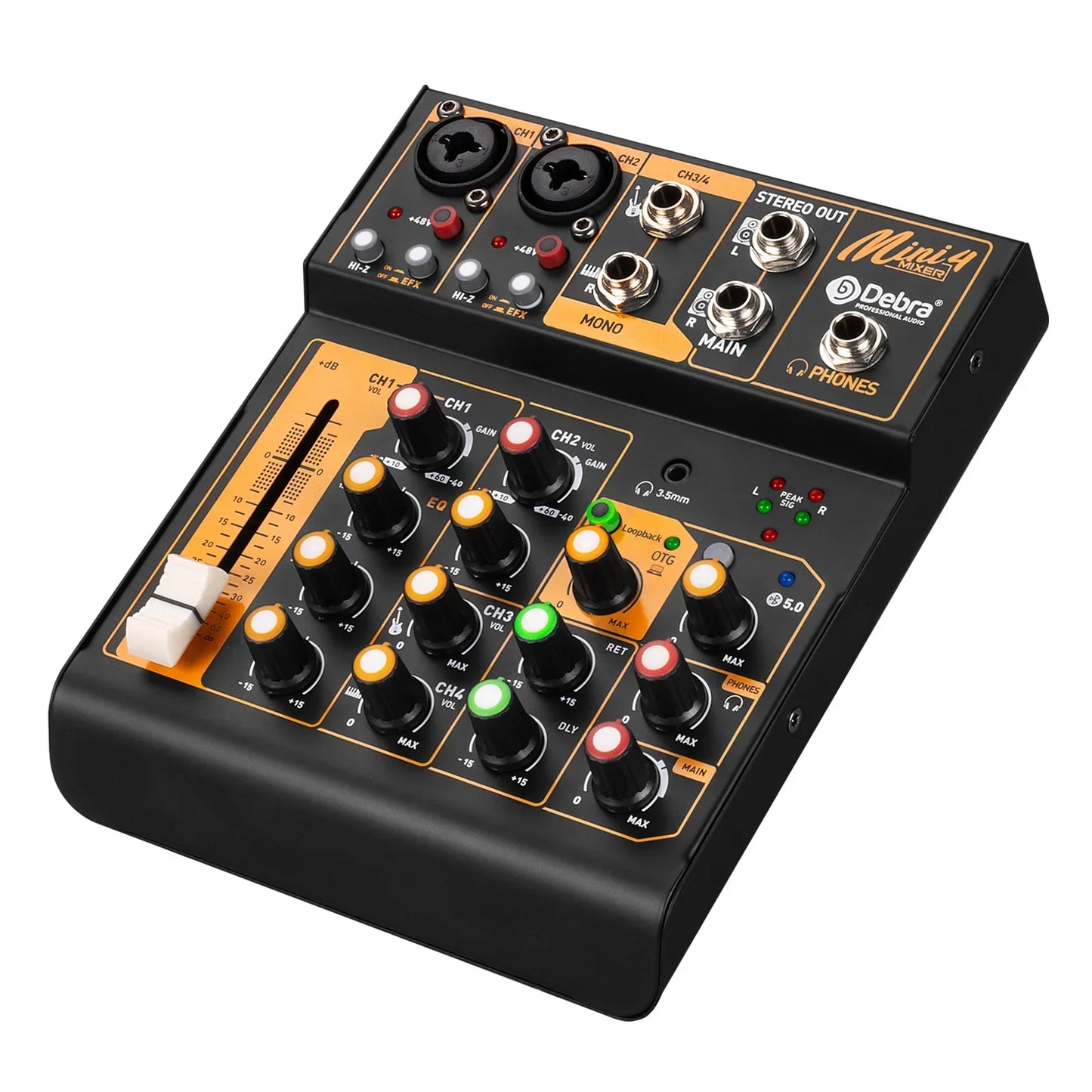 Black and orange Debra OTG audio mixer DJ console mini4 with delay repaeat effect and multiple knobs for sound mixing