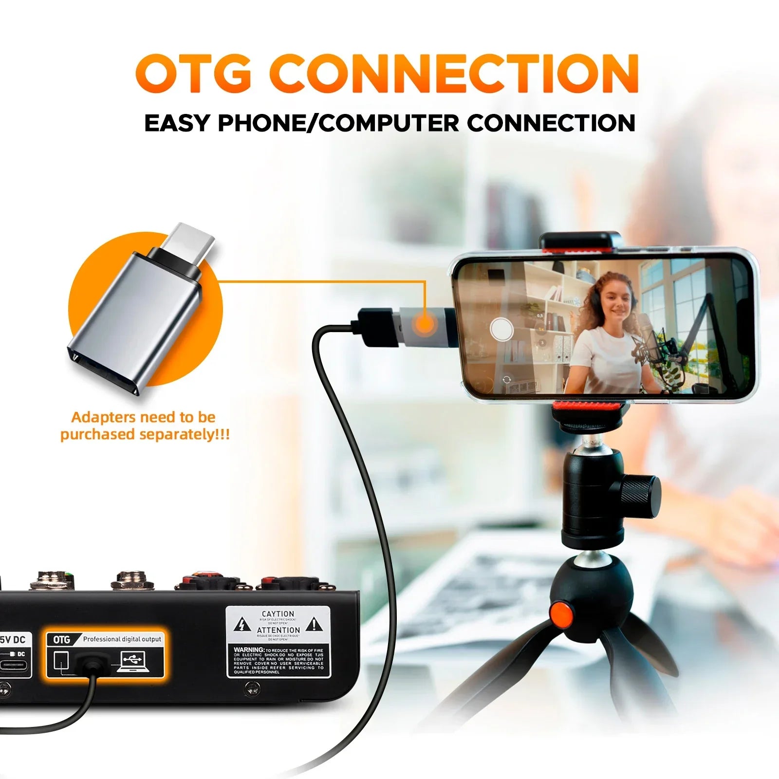 Silver usb-c otg adapter for debra otg audio mixer dj console with delay repaeat effect for easy phone and computer connection