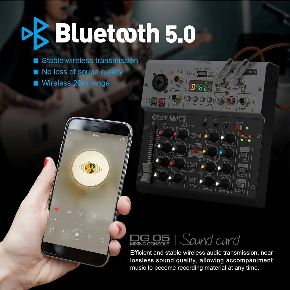 Black detra dg 05 wireless audio interface mixing console with multiple knobs and led indicators 24bit 192k sound card