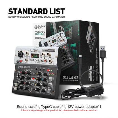 Black and silver debra dg05 professional 24bit 192k USB sound card audio interface mixer with multiple knobs and digital display