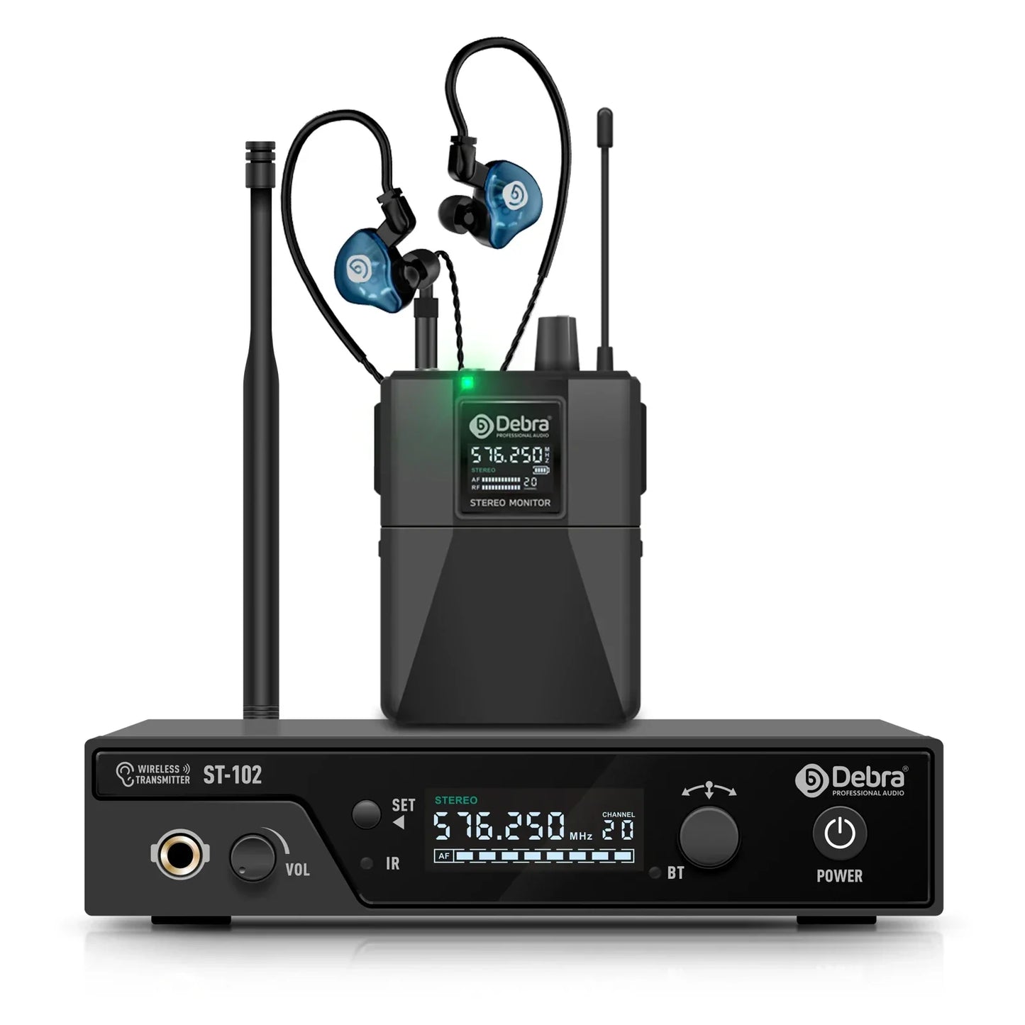 Black debra st-102 professional stereo wireless in-ear monitor system with blue earpieces and digital display for wireless monitoring