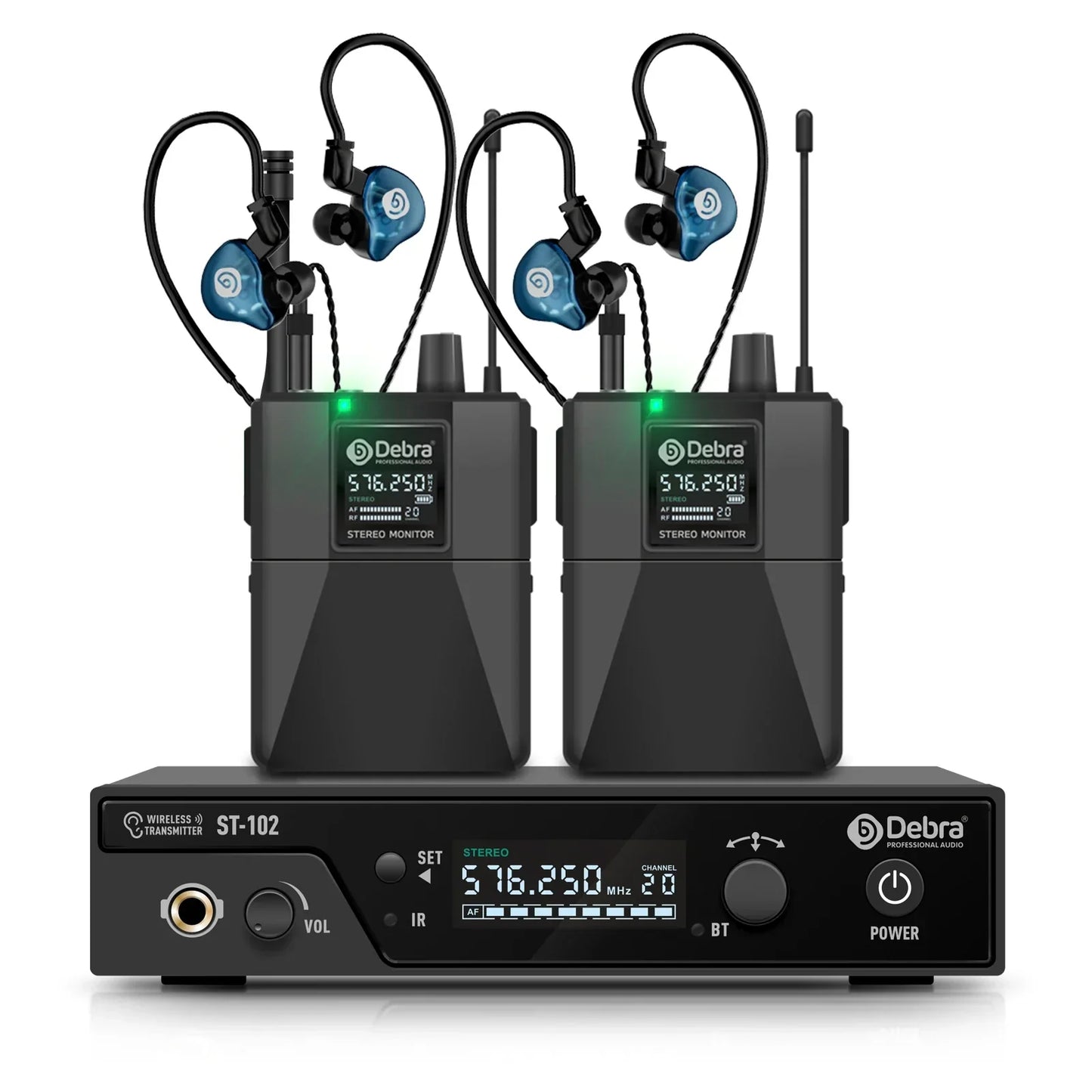 Debra ST-102 professional stereo wireless in-ear monitor system in black with blue earpieces and digital displays for wireless monitoring