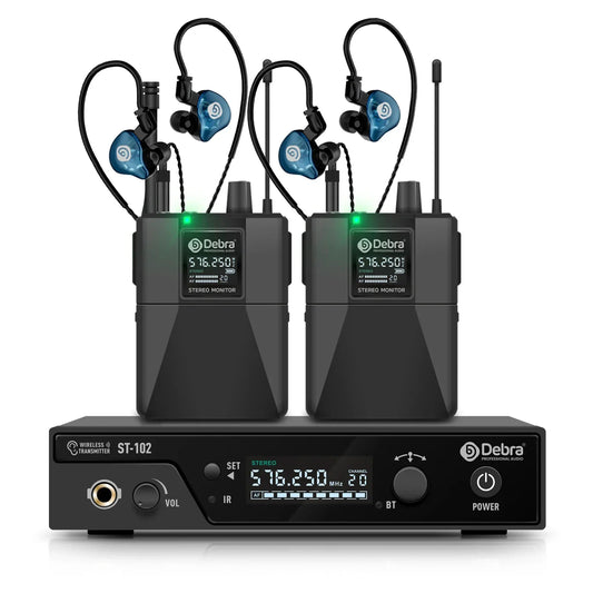 Debra ST-102 professional stereo wireless in-ear monitor system in black with blue earpieces and digital displays for wireless monitoring