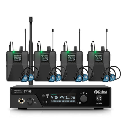 Black Debra ST-102 professional stereo wireless monitor system with four receivers and blue stereo wireless in-ear monitors for stage use