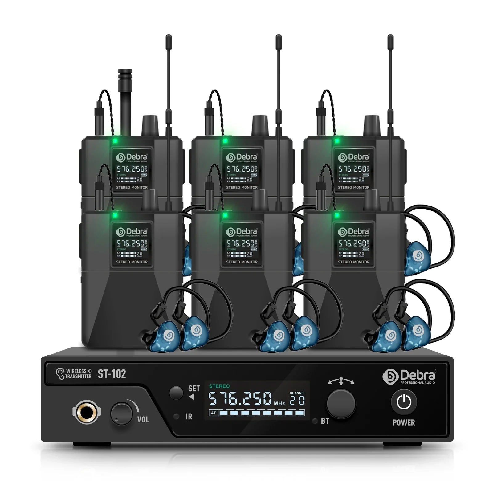 Black debra st-102 professional stereo wireless in-ear monitor system with three transmitters and blue ear monitors