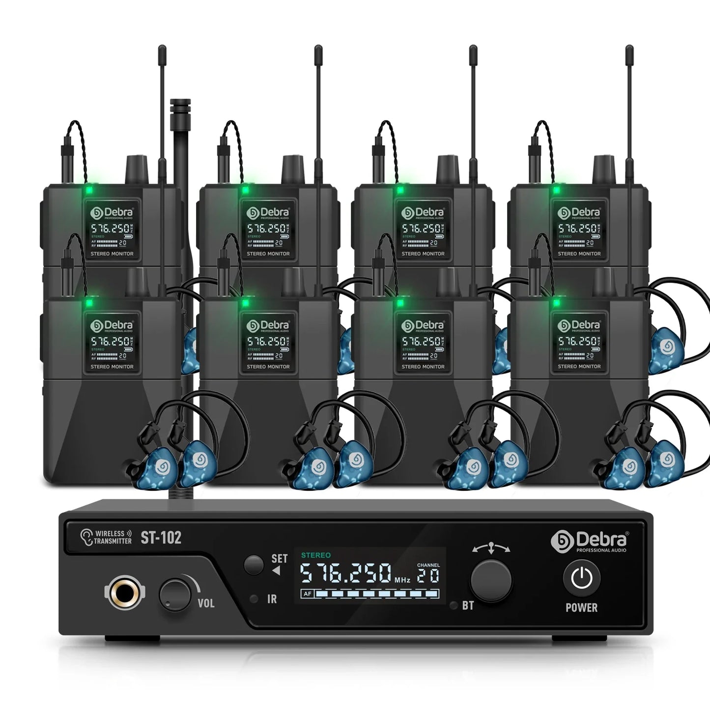Black debra st-102 professional stereo wireless in-ear monitor system with four transmitters and blue monitors for wireless monitoring