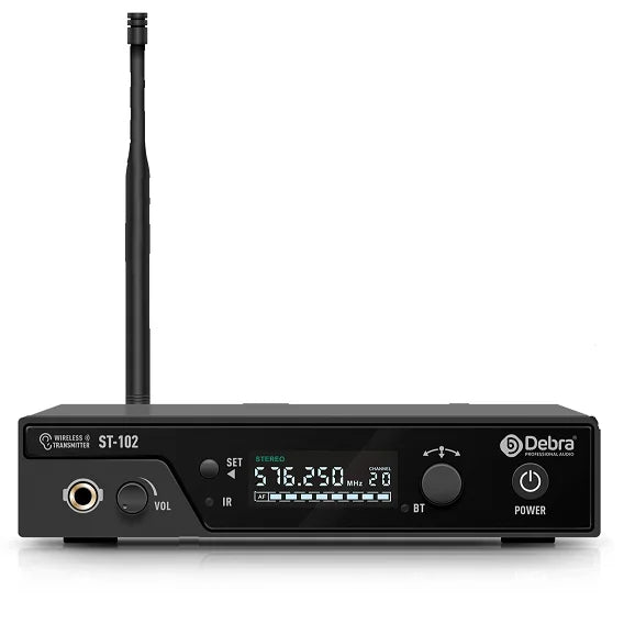 Black debra st-102 professional stereo wireless transmitter with vertical antenna and digital frequency display for wireless monitoring