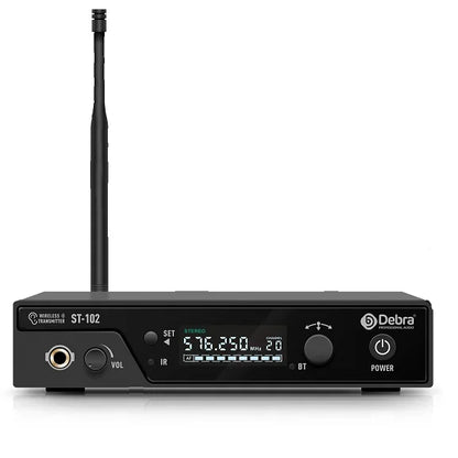 Black debra st-102 professional stereo wireless transmitter with vertical antenna and digital frequency display for wireless monitoring