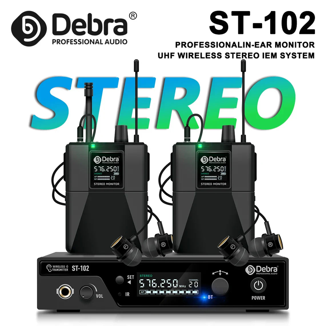 Black debra st-102 professional stereo wireless in-ear monitor system with two receivers and earpieces for wireless monitoring