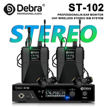 Black debra st-102 professional stereo wireless in-ear monitor system with two receivers and earpieces for wireless monitoring