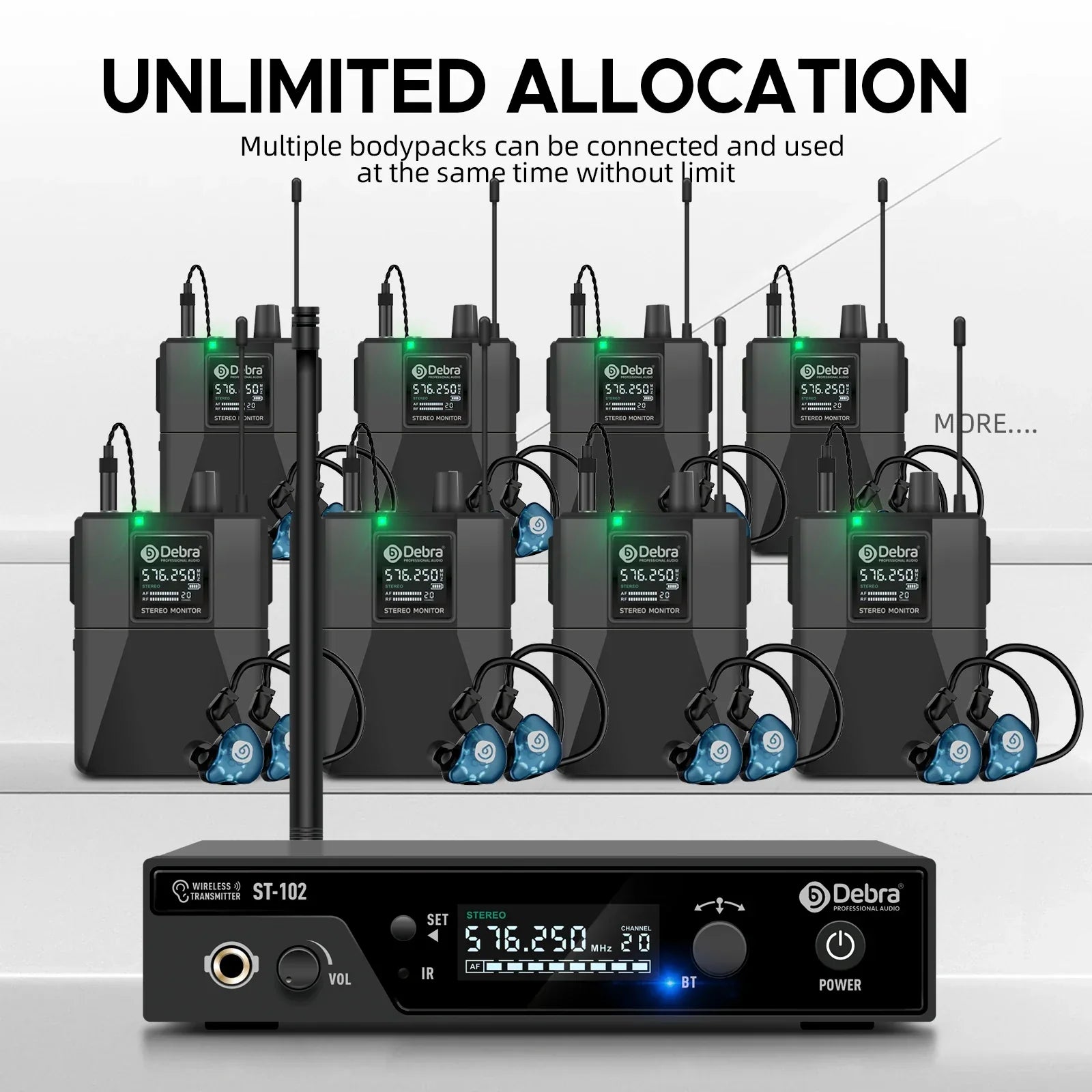 Black debra st-102 professional stereo wireless transmitter with digital display and control knobs paired with wireless monitoring bodypacks and blue stereo wireless in-ear monitors for stage use