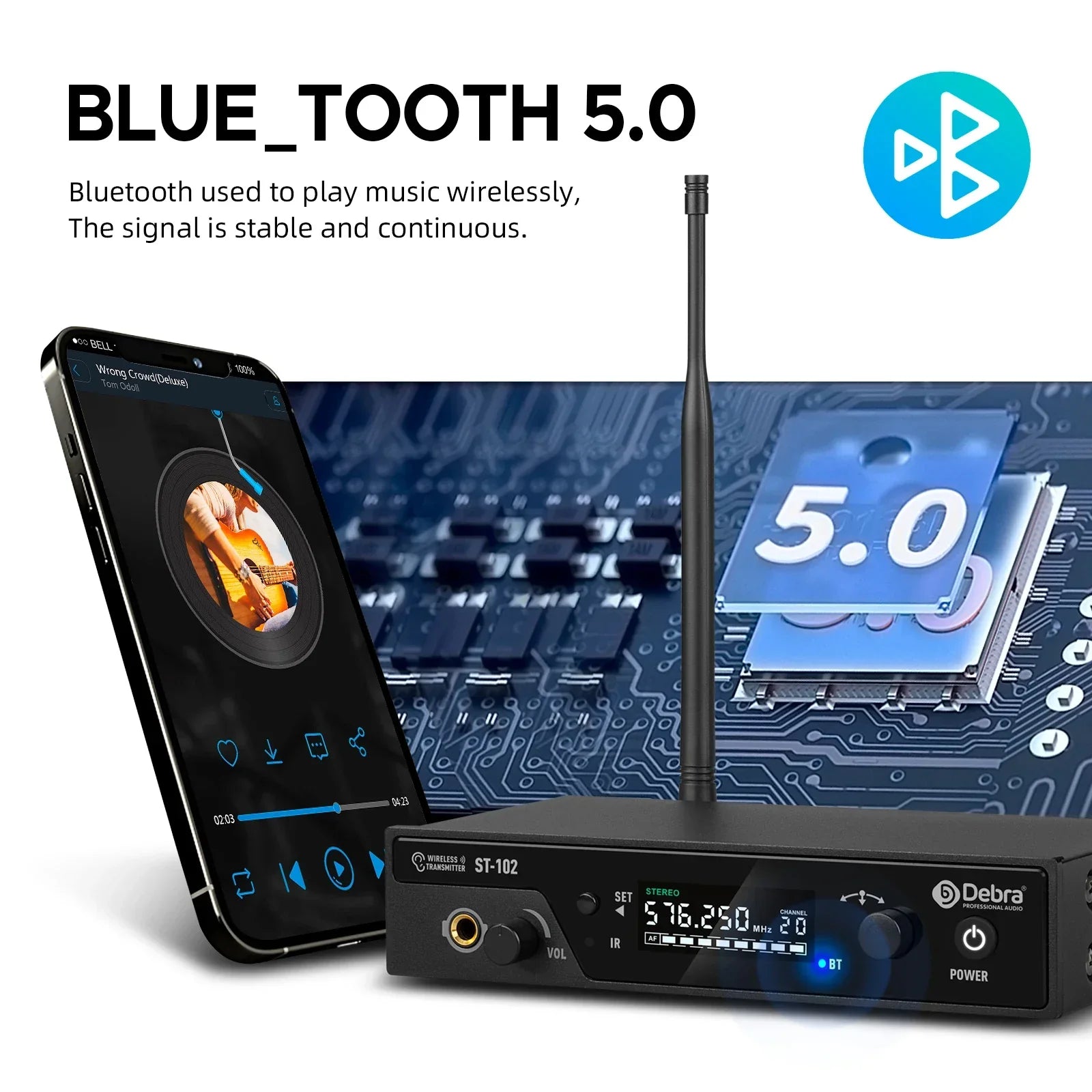 Black Debra ST-102 professional stereo wireless Bluetooth 5.0 transmitter with vertical antenna and digital display for wireless monitoring