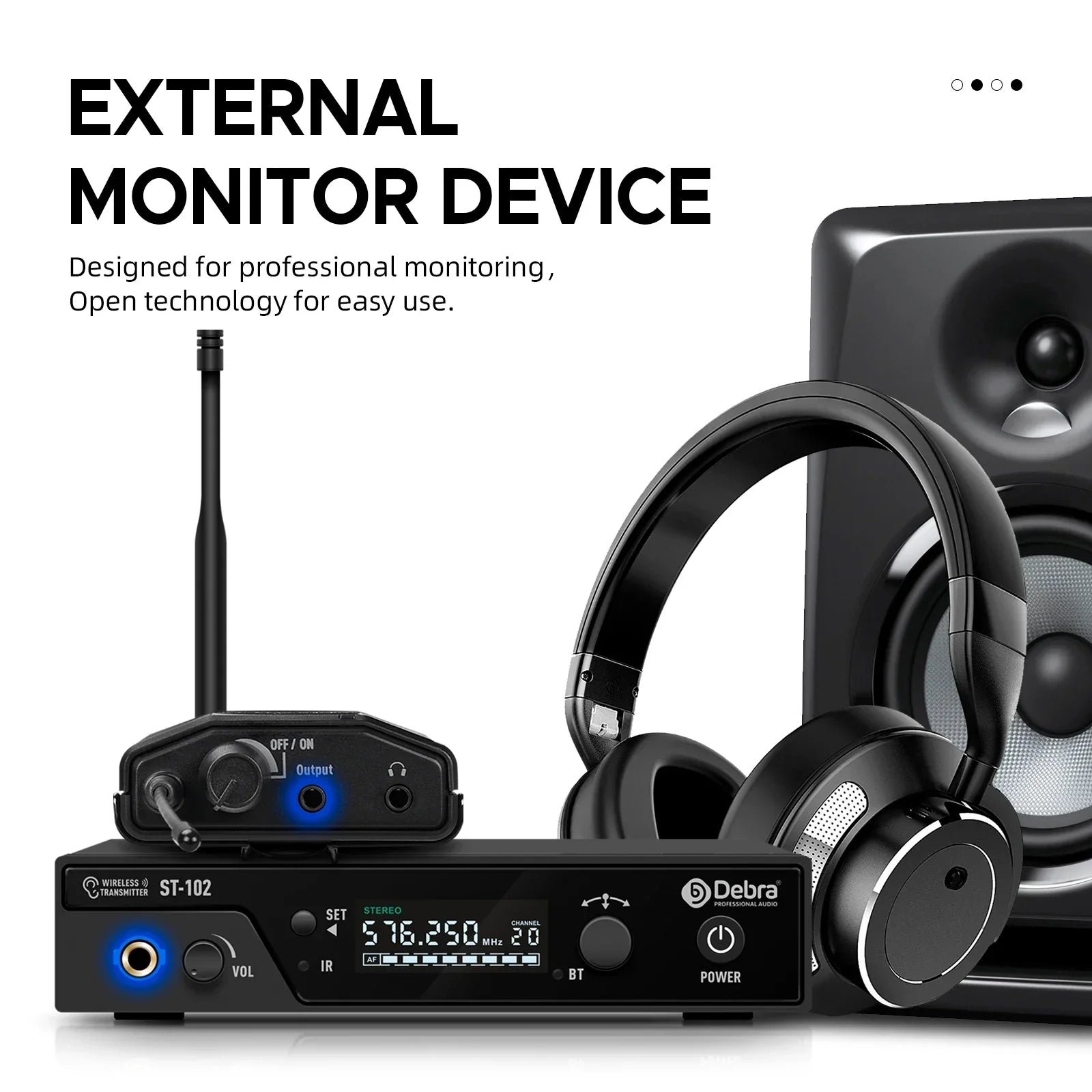 Black debra st-102 professional stereo wireless audio transmitter with digital display and antenna for wireless monitoring