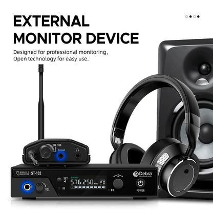 Black debra st-102 professional stereo wireless audio transmitter with digital display and antenna for wireless monitoring