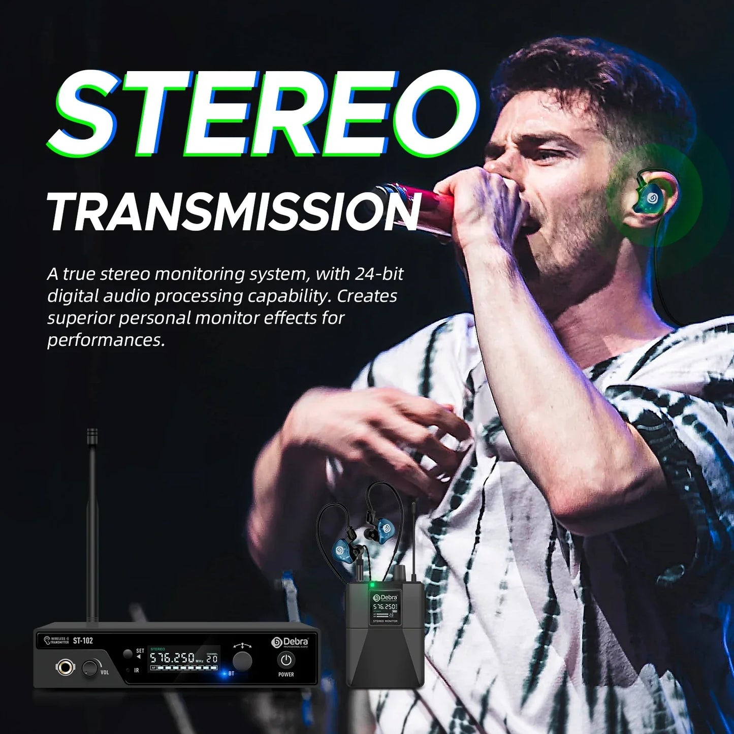 Black deba st-107 professional stereo wireless transmitter with digital display and antenna for wireless monitoring