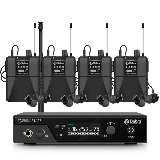 Black debra st-102 wireless in-ear monitor system with four bodypack transmitters for professional stage recording and drummers