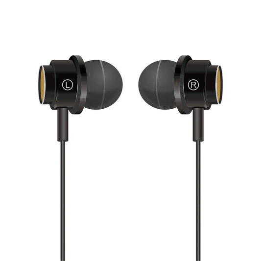 Black wireless in-ear monitor headphones with gold accents and l r markings for professional stage recording drummer