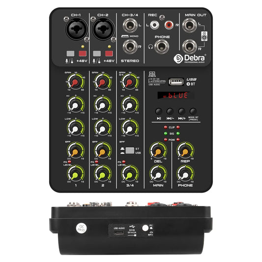 Black debra professional audio mixer dj controller with green-lit knobs bluetooth usb 48v for karaoke pc recording
