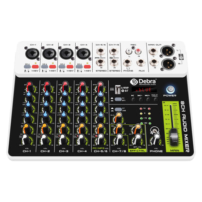 Black and white debra v8 8channels audio mixer with colorful knobs led indicators bluetooth usb 48v delay repaeat effect