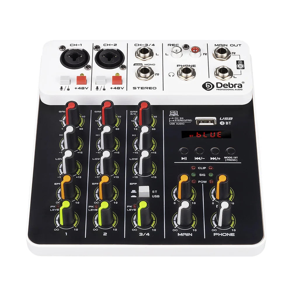 Black and white debra v8 8channels audio mixer with colorful knobs bluetooth usb 48v and delay repaeat effect