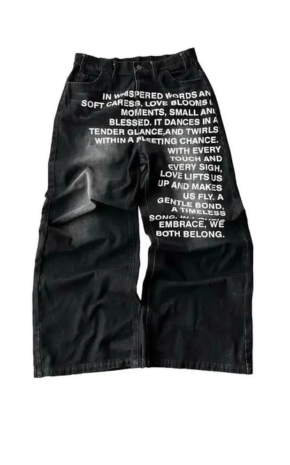 Black denim deeptown vintage letter man jeans y2k with bold white poetic inscription harajuku washed wide leg style
