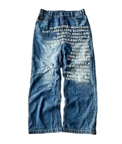 Blue denim deeptown vintage letter man jeans y2k with white poetic inscription harajuku washed wide leg pants