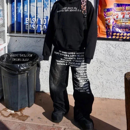 Black hoodie with relaxed fit drawstring hood and deeptown vintage letter print paired with harajuku washed wide man jeans y2k