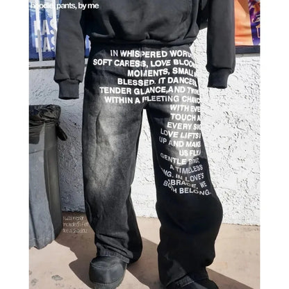 Black denim joggers with bold white deeptown vintage letter print featuring harajuku washed wide leg man jeans y2k style