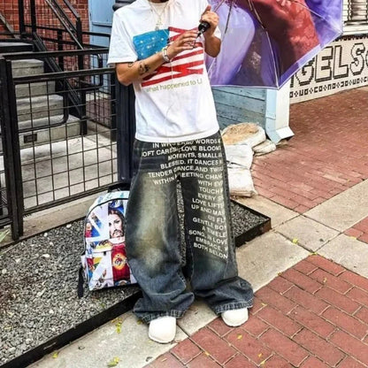 Wide-leg denim man jeans y2k with faded dark blue wash and deeptown vintage letter print harajuku washed wide style