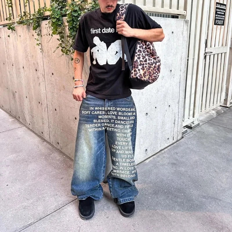 Leopard-print canvas shoulder bag with black strap complementing deeptown vintage letter man jeans y2k harajuku washed wide style