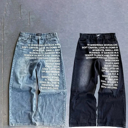 A pair of deeptown vintage letter man jeans y2k in harajuku washed wide leg denim with faded light blue and black colors