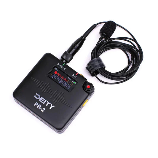 Black deity pr-2 stereo pocket recorder with wireless lavalier mic and coiled cable for vlog video dslr interview recording wedding