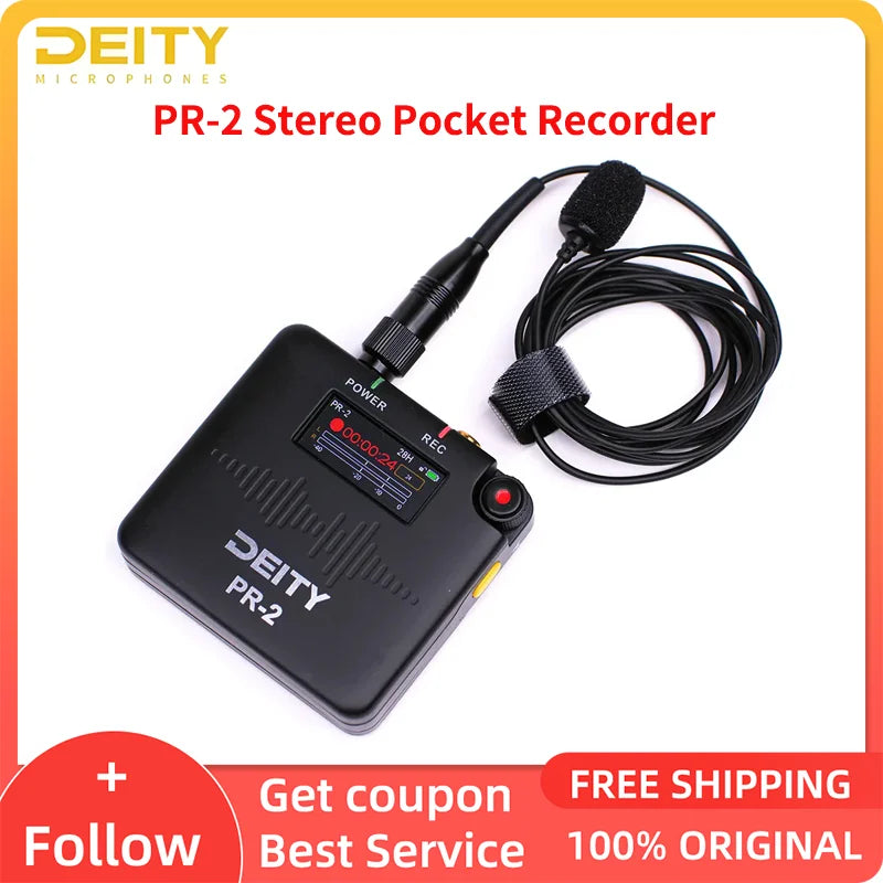Black Deity PR-2 stereo pocket recorder with built-in microphone and coiled cable for vlog video DSLR and interview recording wedding