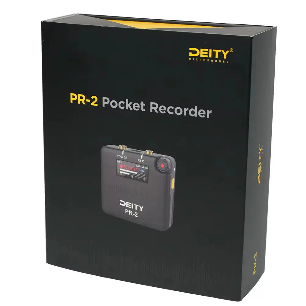 Black deity pr-2 stereo pocket recorder with compact rectangular design and small digital display for vlog video dslr interview recording wedding