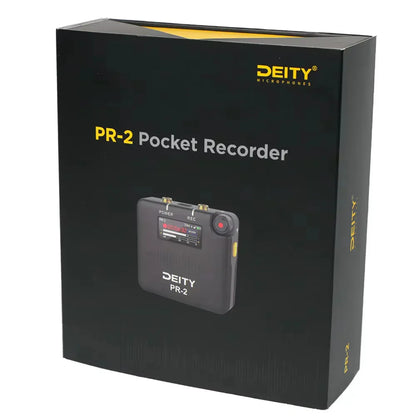 Black deity pr-2 stereo pocket recorder with compact rectangular design and small digital display for vlog video dslr interview recording wedding