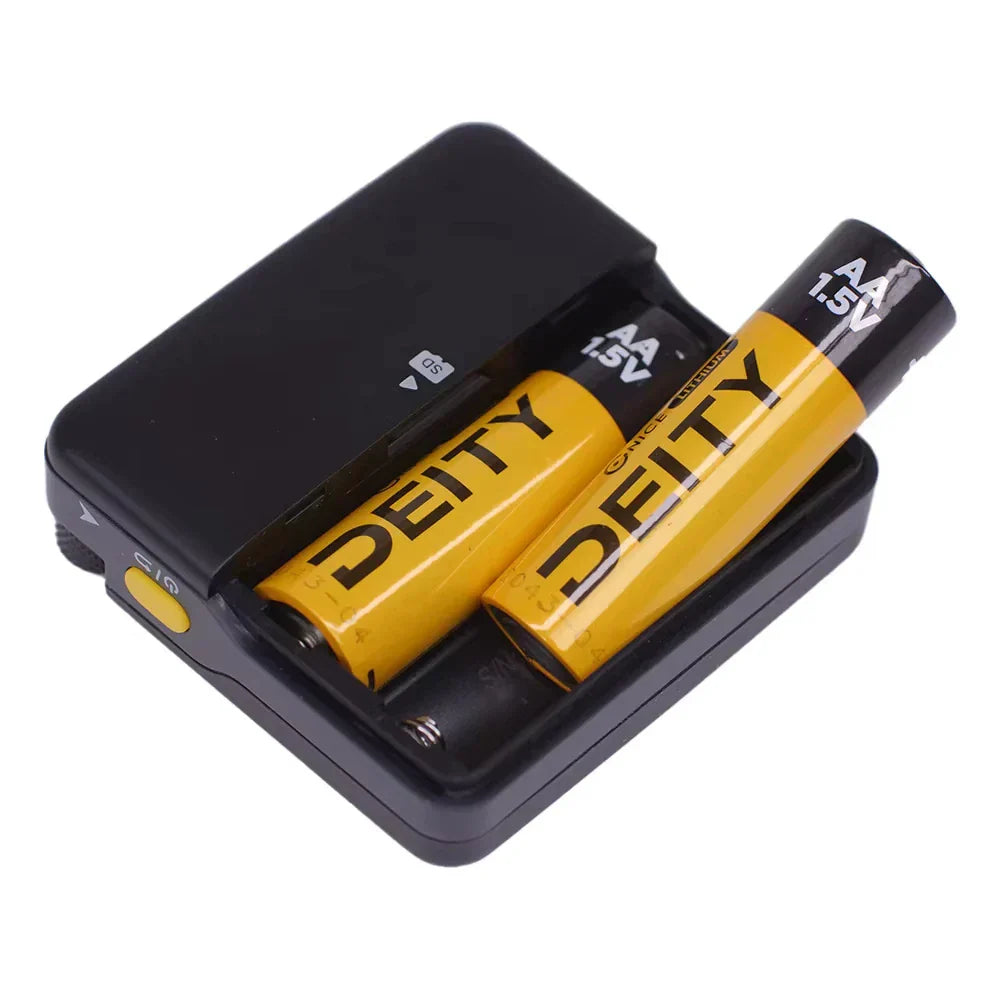 Black plastic aa battery charger with two deity batteries inserted for deity pr-2 stereo pocket recorder vlog video dslr use