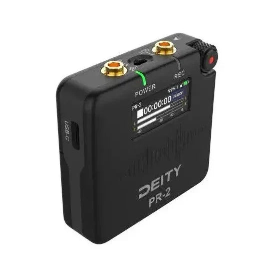 Black deity pr-2 stereo pocket recorder with gold input jacks and digital display for vlog video dslr interview recording wedding