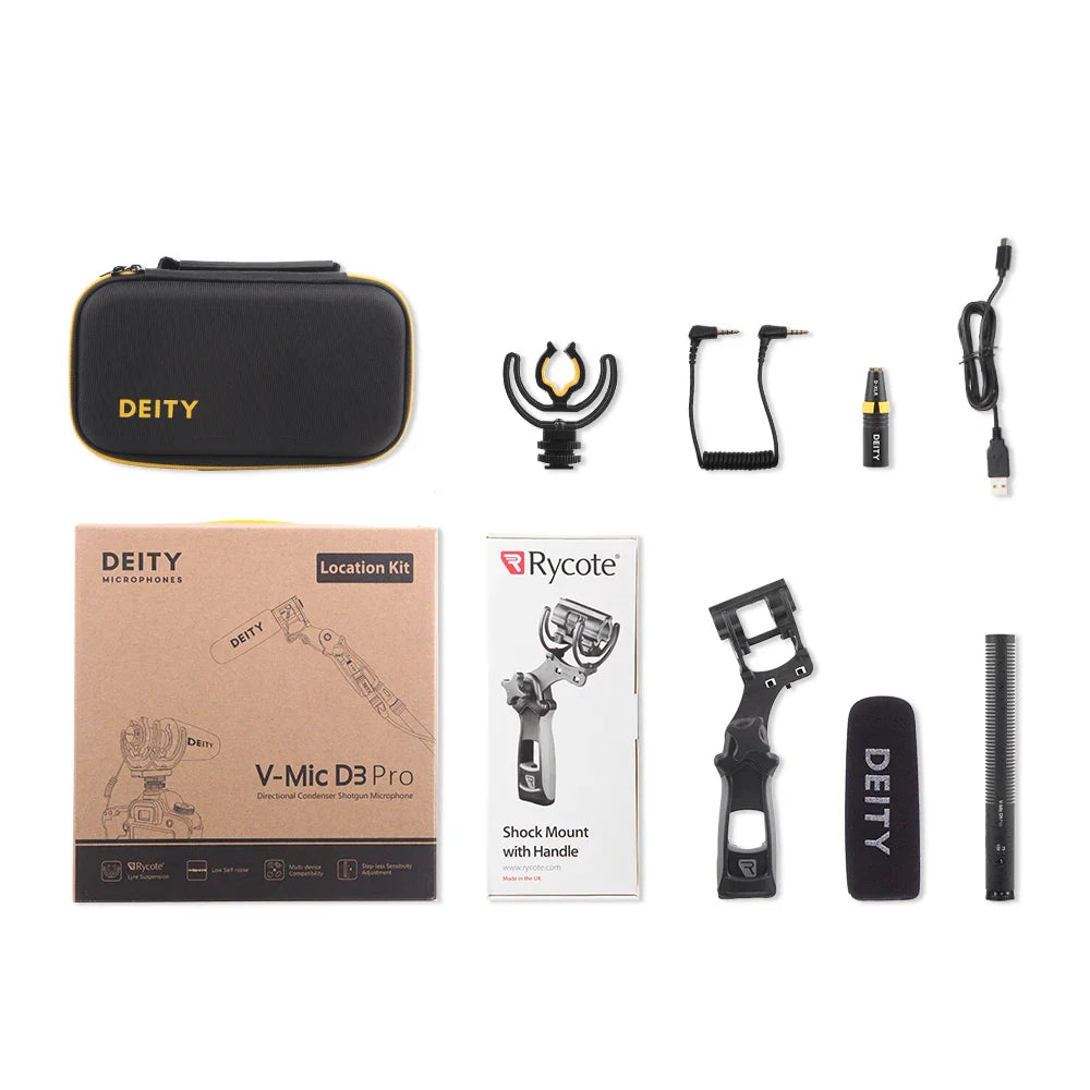 Black Deity V-Mic D3 Pro shotgun microphone with gold branding in pro location kit for Fujifilm recording studio use