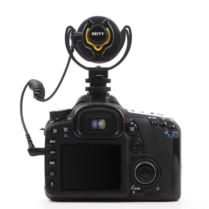 Black deity v-mic d3 pro condenser profissional microphone mounted on camera with flexible arm for pro location kit and fujifilm recording studio use