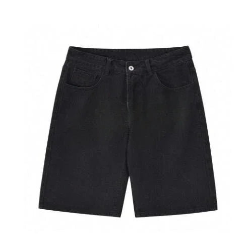Black denim shorts y2k harajuku with classic five-pocket design button closure hip hop heraldic embroidery