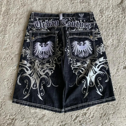 Black denim shorts y2k harajuku with white embroidered eagle and scrollwork on back pockets hip hop heraldic style