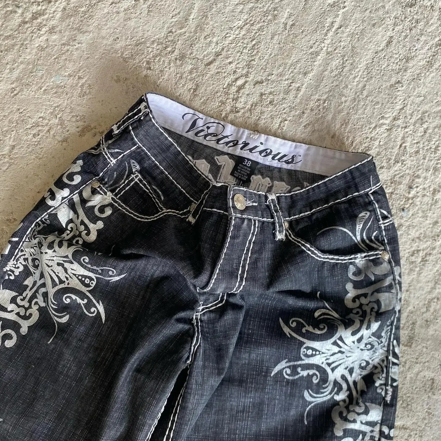 Dark denim hip hop heraldic basketball shorts y2k with white ornamental patterns and victorious brand label waistband