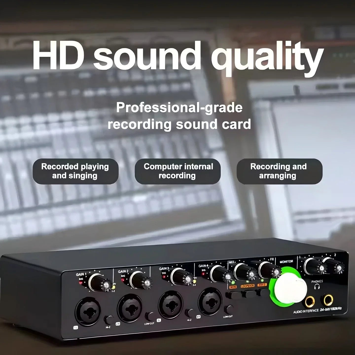 Black depusheng audio interface rx4 with green monitor knob multiple ports for monitoring electric guitar and studio singing podcast