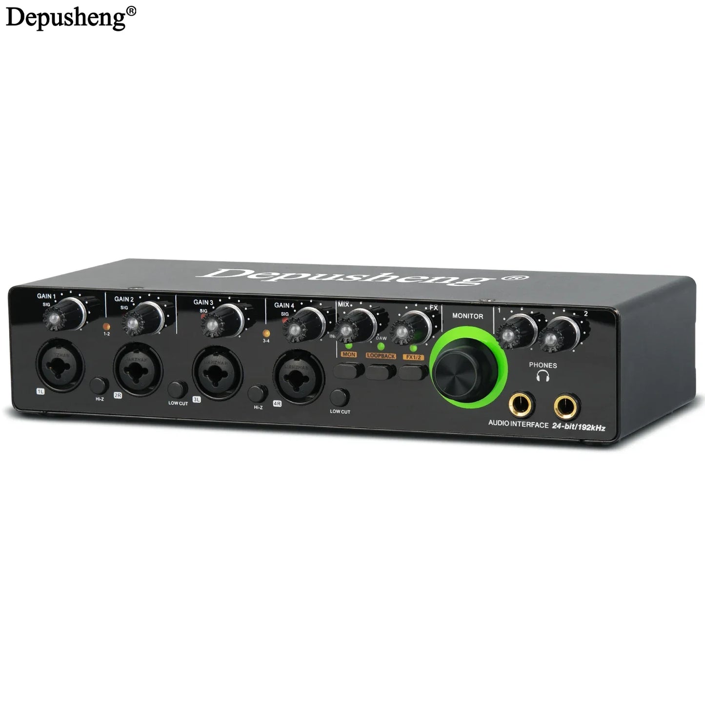 Black depusheng RX4 audio interface with green monitor knob and multiple ports for monitoring electric guitar and studio singing podcast