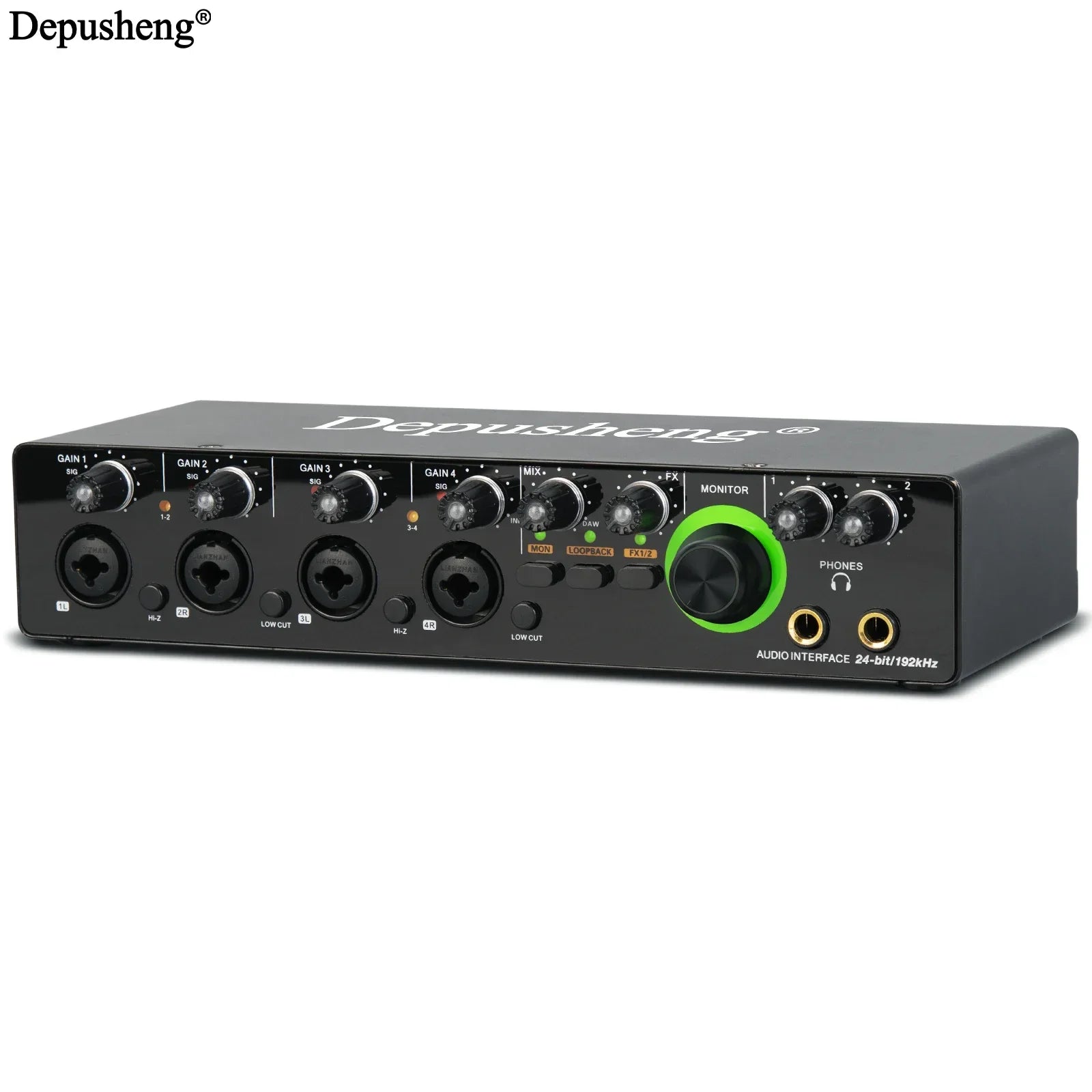 Black depusheng RX4 audio interface with green monitor knob and multiple ports for monitoring electric guitar and studio singing podcast