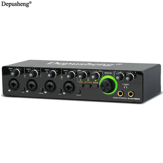 Black depusheng RX4 audio interface with green monitor knob and multiple ports for monitoring electric guitar and studio singing podcast