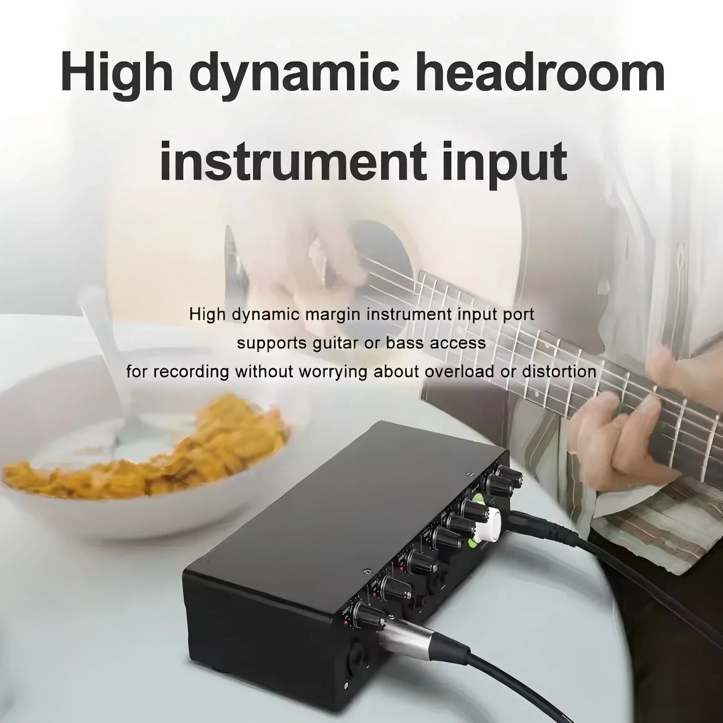 Black rectangular depusheng audio interface rx4 sound card with multiple instrument jacks for monitoring electric guitar and studio singing podcast